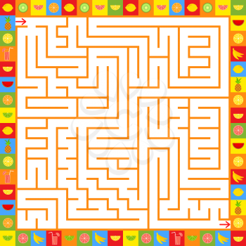 Abstract square isolated labyrinth of orange color. With a stroke of citrus on bright squares. An interesting and useful game for children and adults. Simple flat vector illustration.