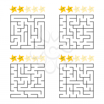 Abstract simple square isolated labyrinth. Four options. Black color on a white background. An interesting game for children and adults. The second level of complexity. Simple flat vector illustration.