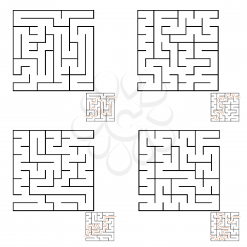 Abstract simple square isolated labyrinth. Four options. Black color on a white background. An interesting game for children and adults. Simple flat vector illustration. With the answer.