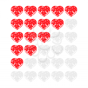 Five hearts rating icons. Evaluation of the hotel, service, product, quality. Level results or lifes in the game. Element of the interface. Simple flat isolated vector illustration.