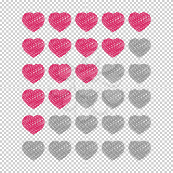 Five hearts rating icons. Evaluation of the hotel, service, product, quality. Level results or lifes in the game. Element of the interface. Simple flat isolated vector illustration.