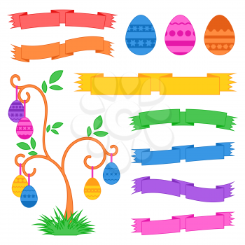 Set of colored isolated sweet Easter eggs and ribbon banners on white background. Abstract festive tree. Simple flat vector illustration. Suitable for decoration of postcards, advertising, magazines, websites.