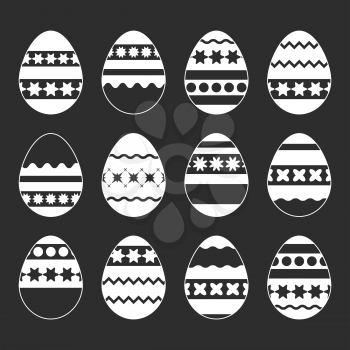 Set of isolated Easter eggs on a black background. With an abstract pattern. Simple flat vector illustration. Suitable for decoration of postcards, advertising, magazines, websites.