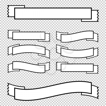 A set of white isolated banner ribbons with a black stroke on a transparent background. Simple flat vector illustration. With space for text. Suitable for infographics, design, advertising, holidays, labels.