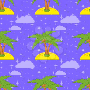 Colorful seamless pattern of cute palms on sand on a blue background. Simple flat vector illustration. For the design of paper wallpaper, fabric, wrapping paper, covers, web sites.