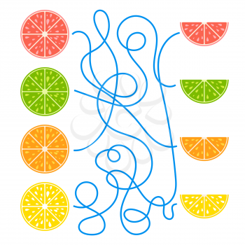 A tangled simple isolated labyrinth of ropes. Find the way from the fruit to his half.