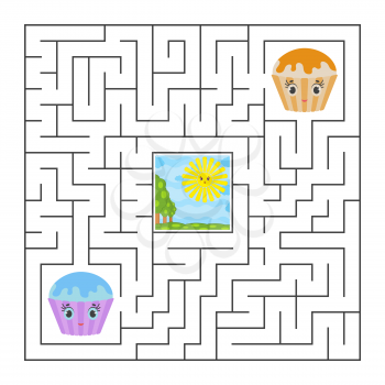 Abstract square isolated labyrinth. Black color on a white background. With lovely cartoons. An interesting game for children and adults. Simple flat vector illustration.