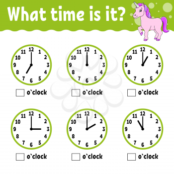 Learning time on the clock. Educational activity worksheet for kids and toddlers. Game for children. Simple flat isolated color vector illustration in cute cartoon style.