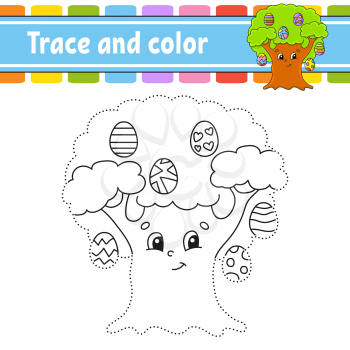 Trace and color. Coloring page for kids. Handwriting practice. Education developing worksheet. Activity page. Game for toddlers. Isolated vector illustration. Cartoon style. Easter theme.