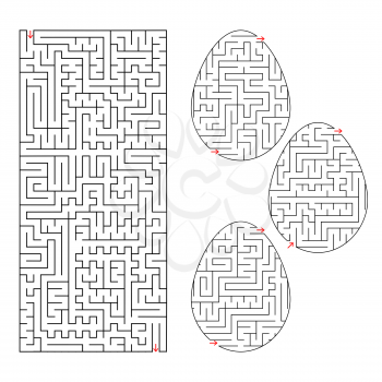A set of labyrinths in the form of eggs and rectangular shape. Black Stroke. A game for children. Simple flat vector illustration isolated on white background.