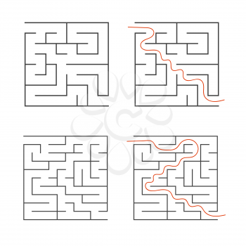 A set of square simple labyrinths. An interesting game for children. Simple flat vector illustration isolated on white background. With the answer.