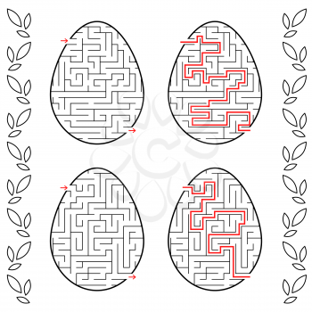 A set of labyrinths in the form of eggs. Black Stroke. A game for children. With the answer. Simple flat vector illustration isolated on white background.