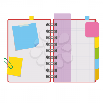 Color open notepad on rings with blank sheets and bookmarks between pages. Simple flat vector illustration isolated on white background.