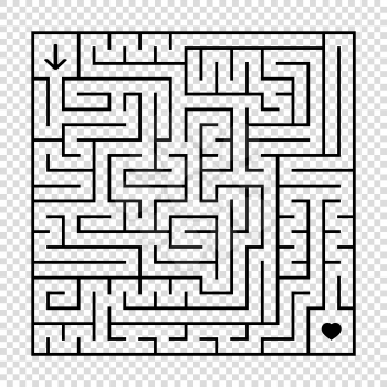 A square labyrinth with a black stroke. An interesting game for children and adults. A simple flat vector illustration isolated on a transparent background.