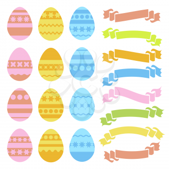Set of colored isolated Easter eggs and ribbon banners on white background. With an abstract pattern. Simple flat vector illustration. Suitable for decoration of postcards, advertising, magazines, websites.
