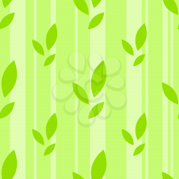Colorful seamless pattern of cute green leaves on a striped background. Simple flat vector illustration. For the design of paper wallpaper, fabric, wrapping paper, covers, web sites.