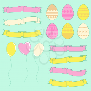 Set of colored silhouettes of isolated Easter eggs, balloons and ribbons of banners on a blue background. With an abstract pattern. Simple flat vector illustration. Suitable for decoration of postcards, advertising, magazines, websites.