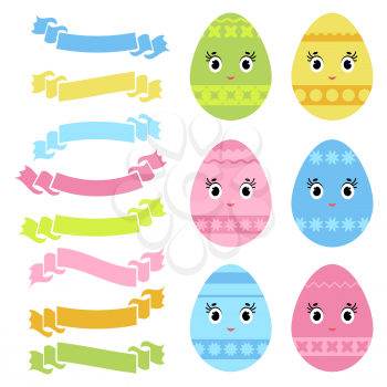 Set of colored isolated sweet Easter eggs and ribbon banners on white background. With an abstract pattern. Simple flat vector illustration. Suitable for decoration of postcards, advertising, magazines, websites.