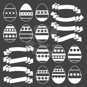 Set of silhouettes with white stroke isolated Easter eggs on a black background. Simple flat vector illustration. Suitable for decoration of postcards, advertising, magazines, websites.
