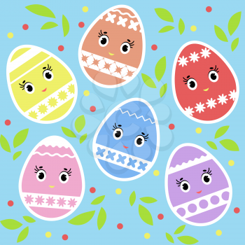 Set of colored isolated cute Easter eggs on a blue background. Simple flat vector illustration. Suitable for decoration of postcards, advertising, magazines, websites.