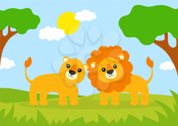 Cute lion and lioness. Wild animal. Cartoon character. Colorful vector illustration. Isolated on color background. Design element. Template for your design, books, stickers, cards.
