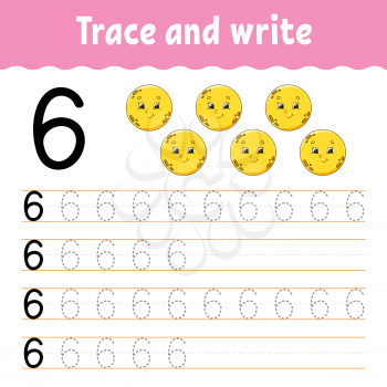 Learn Numbers. Trace and write. Handwriting practice. Learning numbers for kids. Education developing worksheet. Color activity page. Isolated vector illustration in cute cartoon style.