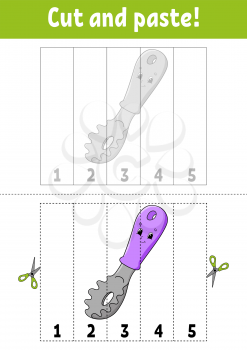 Learning numbers 1-5. Cut and glue. Cartoon character. Education developing worksheet. Game for kids. Activity page. Color isolated vector illustration.