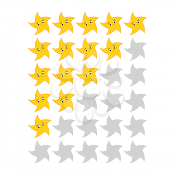 Five star rating icons. Evaluation of the hotel, service, product, quality. Results of the level or lifetime of the game for web applications. Simple flat isolated vector illustration.