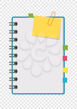 Open notepad with clean sheets on a spiral with bookmarks between the pages. Colorful flat vector illustration isolated on a transparent background. With space for text or image