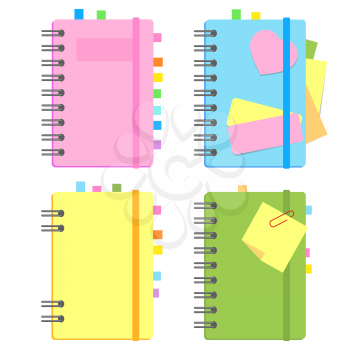 Closed notepad on a spiral with bookmarks and paper for notes between pages. A set of four options. Colorful flat vector illustration isolated on white background