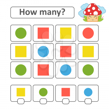 Counting game for preschool children. Count as many objects in the picture. A square, a circle. With a place for answers. Simple flat isolated vector illustration
