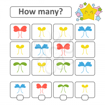 Counting game for preschool children. Count how many bows in the picture and write down the result. With a place for answers. Simple flat isolated vector illustration