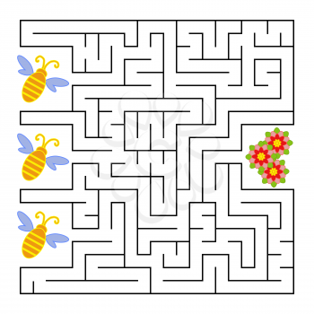 A square labyrinth. What a bee will fly to the flower. Simple flat isolated vector illustration. With the answer