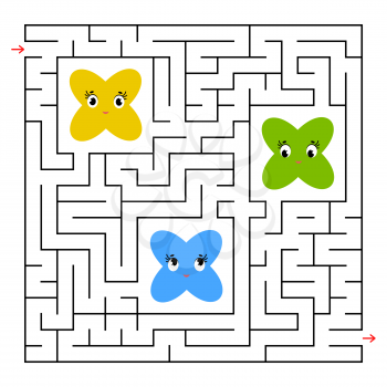 A square labyrinth. Collect all fairy toon and find a way out of the maze. Simple flat isolated vector illustration