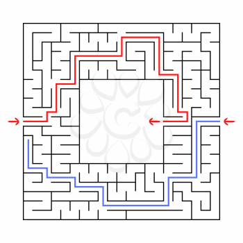A square maze. Find the right path to the center of the labyrinth. Simple flat vector illustration isolated on white background. With a place for your drawings