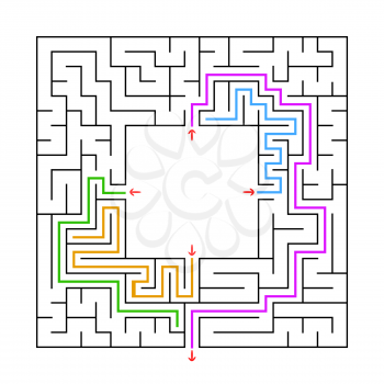 A square maze. Find the right path from the center of the labyrinth. Simple flat vector illustration. With a place for your image.
