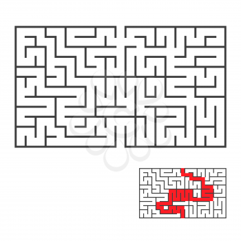 Rectangular labyrinth with an input and an exit. Simple flat vector illustration isolated on white background. With the correct answer.