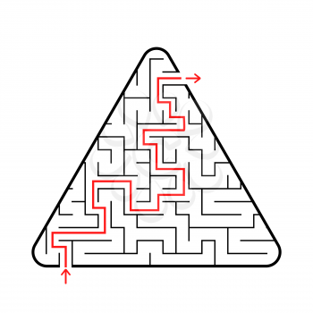 Triangular labyrinth with an input and an exit. A simple flat vector illustration isolated on a pink background. With the answer