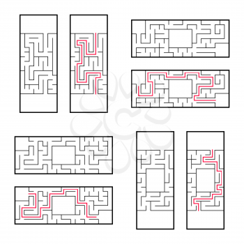 A set of rectangular mazes for children. A puzzle game. Simple flat vector illustration isolated on white background. With the correct answer