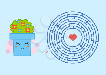 Round maze with a cartoon character. Cute flower pot. An interesting and developing game for children. Simple flat isolated vector illustration.