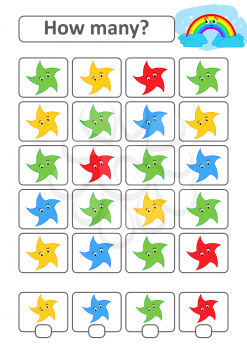 Counting game for preschool children for the development of mathematical abilities. How many stars of different colors. With a place for answers. Simple flat isolated vector illustration