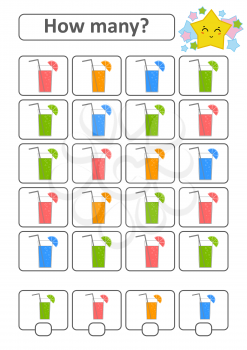 Counting game for preschool children for the development of mathematical abilities. How many drinks of different colors. With a place for answers. Simple flat isolated vector illustration