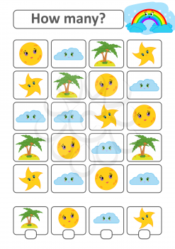 Counting game for preschool children. The study of mathematics. How many characters in the picture. Moon, cloud, palm, star. With a place for answers. Simple flat isolated vector illustration