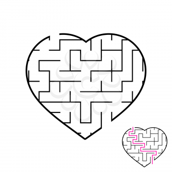 Labyrinth with a black stroke. Lovely heart. A game for children. Simple flat vector illustration isolated on white background. With the answer