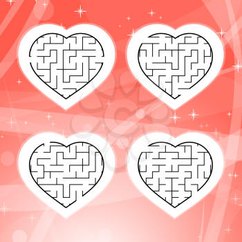 Labyrinth with a black stroke. Set of four hearts. A game for children. A simple flat vector illustration isolated on a pink background