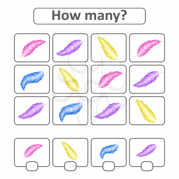 Counting game for preschool children for the development of mathematical abilities. Count the number of feathers in the picture. With a place for answers. Simple flat isolated vector illustration