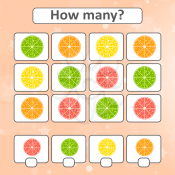 Game for preschool children. Count as many fruits in the picture and write down the result. With a place for answers. Simple flat isolated vector illustration