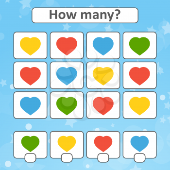 Game for preschool children. Count as many hearts in the picture and write down the result. With a place for answers. Simple flat isolated vector illustration