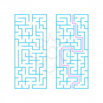 Rectangular labyrinth with a blue stroke. A game for children. Simple flat vector illustration isolated on white background. With the answer