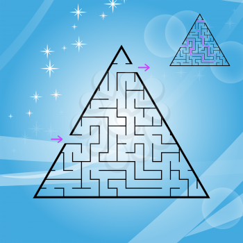 A triangular labyrinth, a pyramid with a black stroke. A game for children. A simple flat vector illustration isolated on a colored background. With the answer